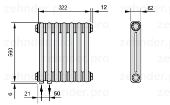 Схема (чертеж) Радиатор Zehnder Charleston 2056/7 №3370 Белый глянцевый RAL 9016